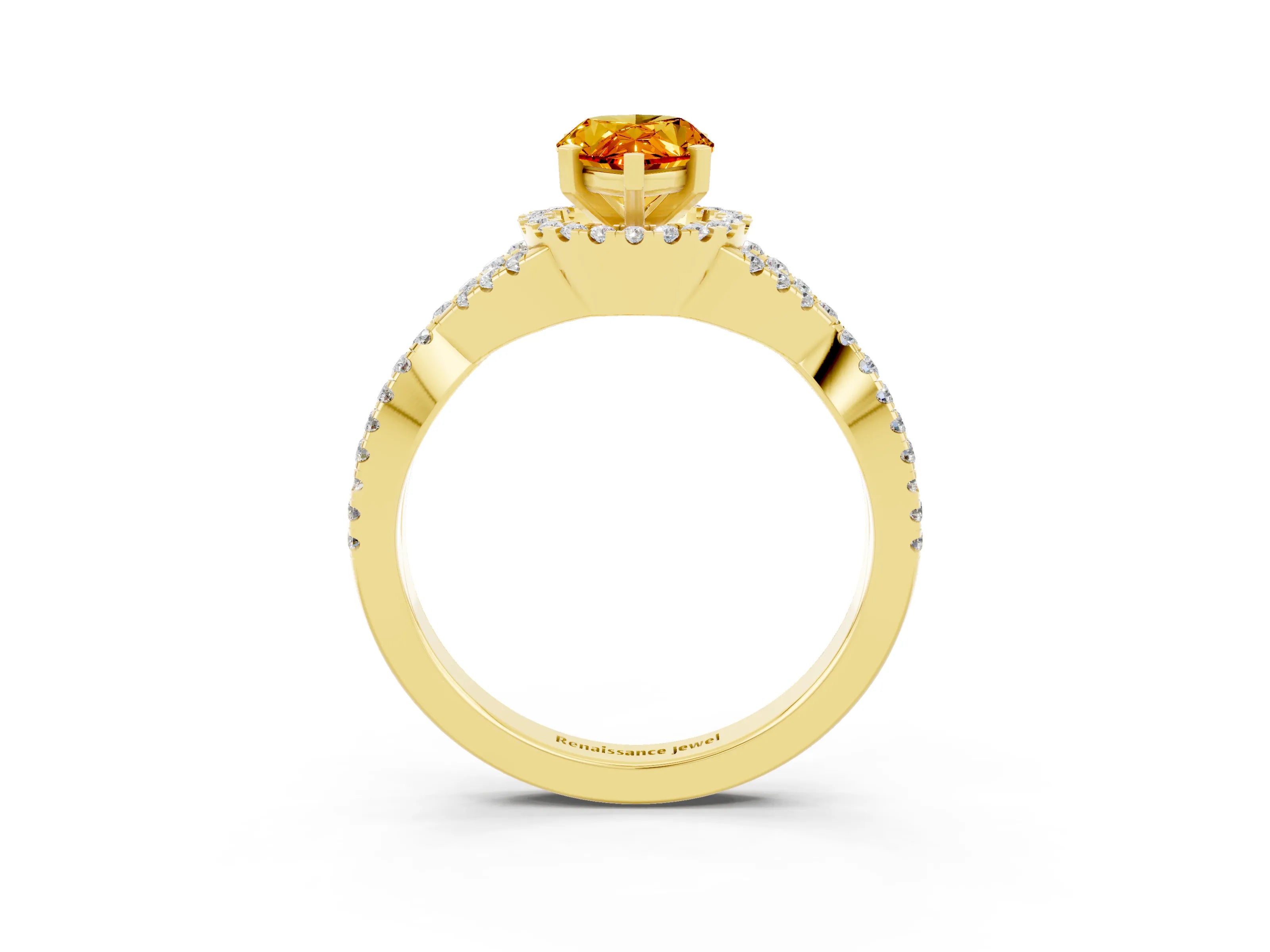 Yellow gold Pear Cut Citrine Halo Twist Band Solitaire Prong Setting Ring_3