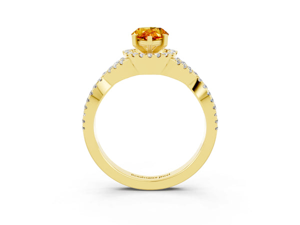 Yellow gold Pear Cut Citrine  Halo Twist Band Solitaire Prong Setting Ring