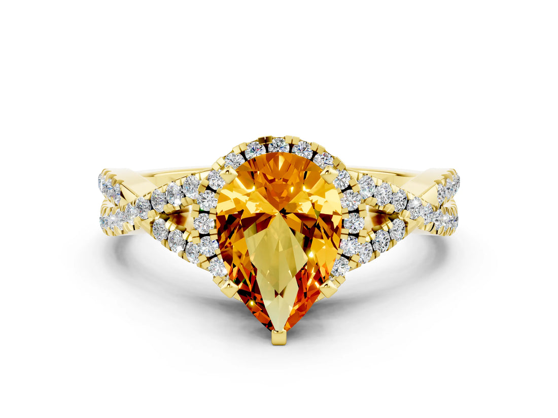 Yellow gold Pear Cut Citrine  Halo Twist Band Solitaire Prong Setting Ring_36