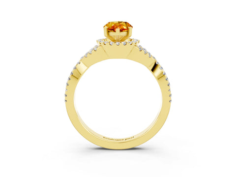 Yellow gold Pear Cut Citrine Halo Twist Band Solitaire Prong Setting Ring_3