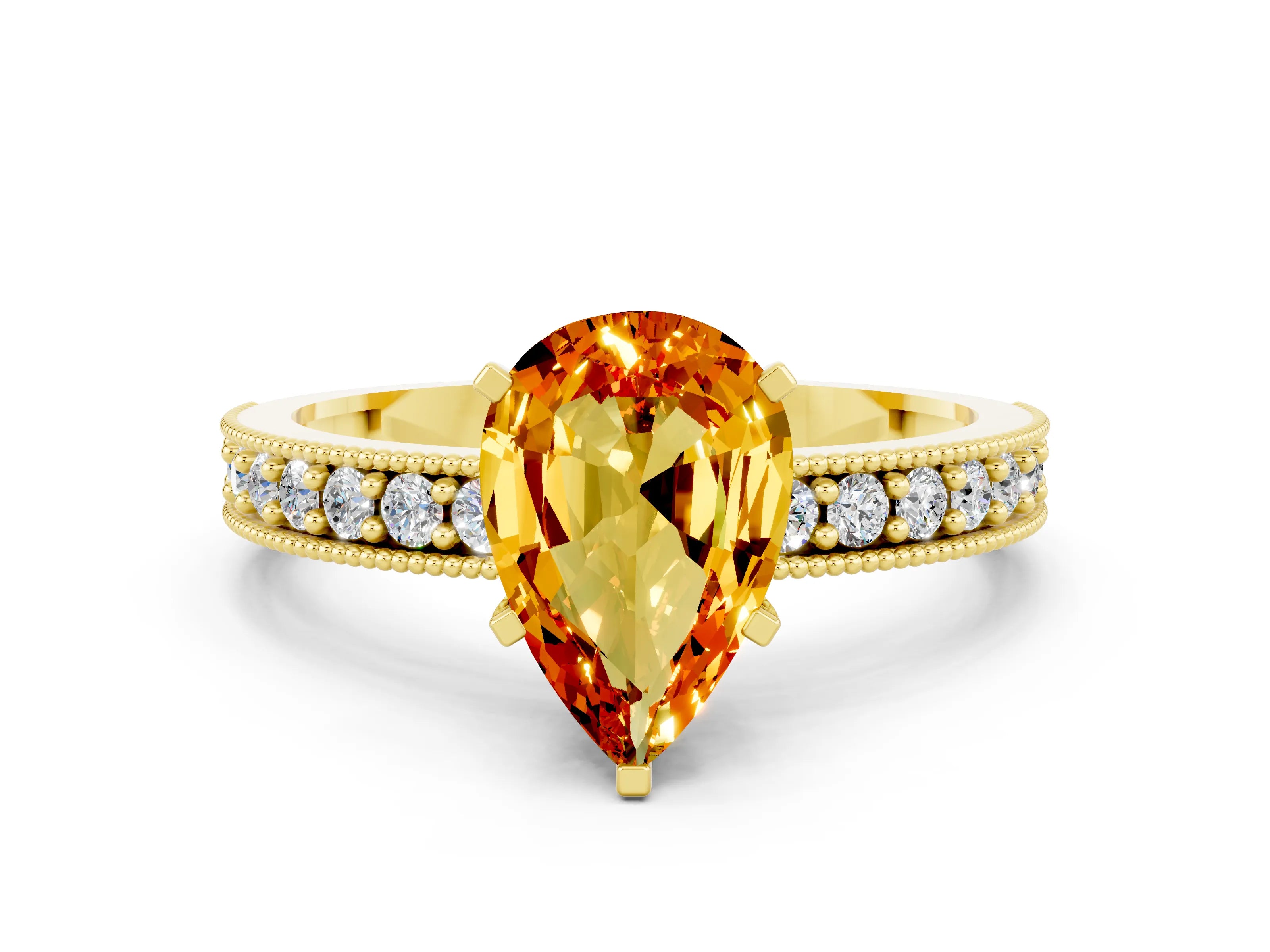 Yellow gold Pear Cut Citrine Milgrain Pavé Engagement Ring with Four-Prong Setting