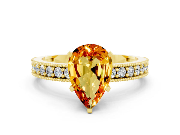 Yellow gold Pear Cut Citrine Milgrain Pavé Engagement Ring with Four-Prong Setting