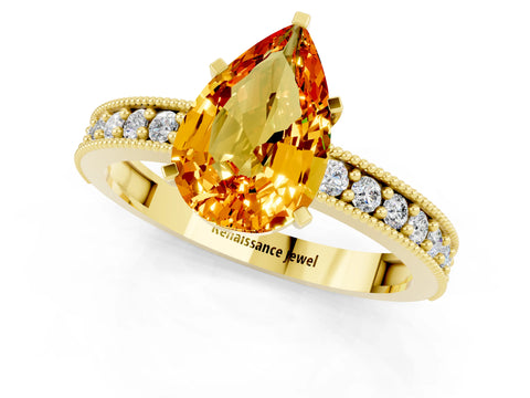Yellow gold Pear Cut Citrine Milgrain Pavé Engagement Ring with Four-Prong Setting_1
