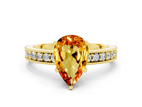 Yellow gold Pear Cut Citrine Milgrain Pavé Engagement Ring with Four-Prong Setting