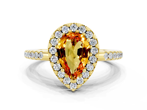 Yellow gold Pear Cut Citrine Pavé Halo Ring with Four-Prong Setting