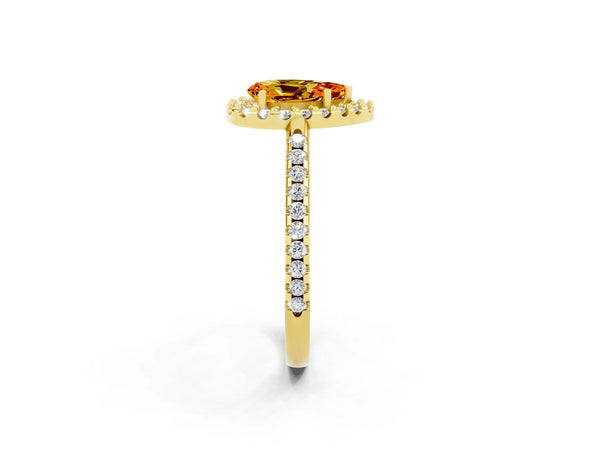 Yellow gold Pear Cut Citrine Pavé Halo Ring with Four-Prong Setting