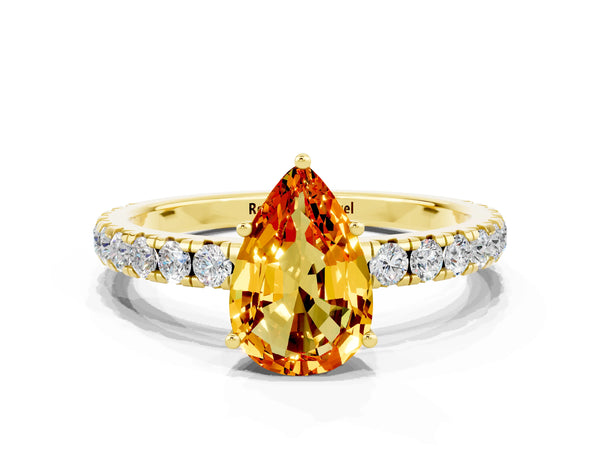 Yellow gold Pear Cut Citrine Pavé Solitaire Engagement Ring with Four-Prong Setting