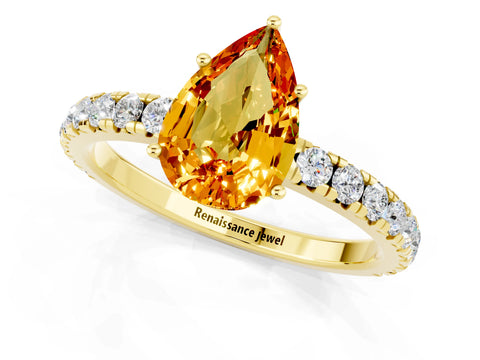 Yellow gold Pear Cut Citrine Pavé Solitaire Engagement Ring with Four-Prong Setting_13