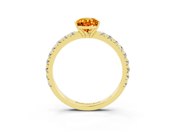 Yellow gold Pear Cut Citrine Pavé Solitaire Engagement Ring with Four-Prong Setting
