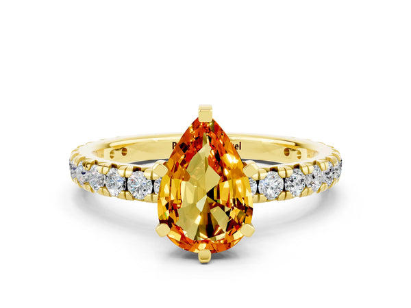 Yellow gold Pear Cut Citrine Pavé Solitaire Ring with Round Band and Prong Setting