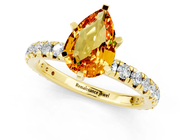 Yellow gold Pear Cut Citrine Pavé Solitaire Ring with Round Band and Prong Setting