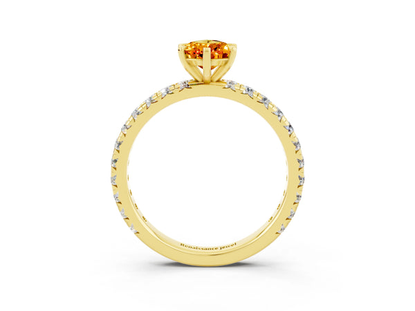 Yellow gold Pear Cut Citrine Pavé Solitaire Ring with Round Band and Prong Setting