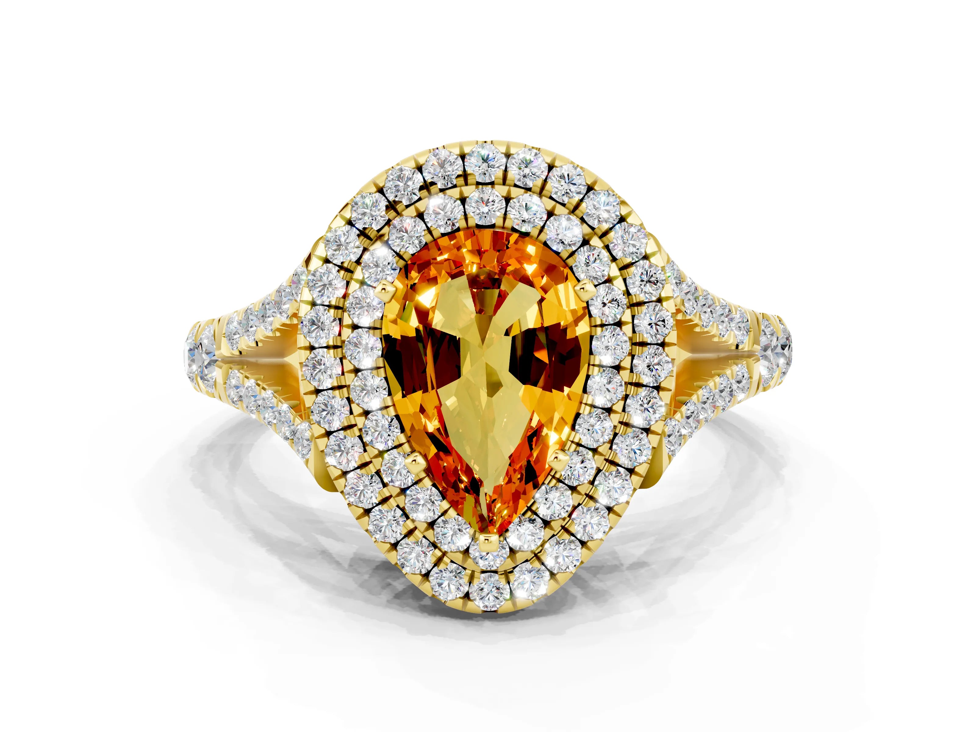 Yellow gold Pear Cut Citrine Pavé Split Shank Double Halo Engagement Ring