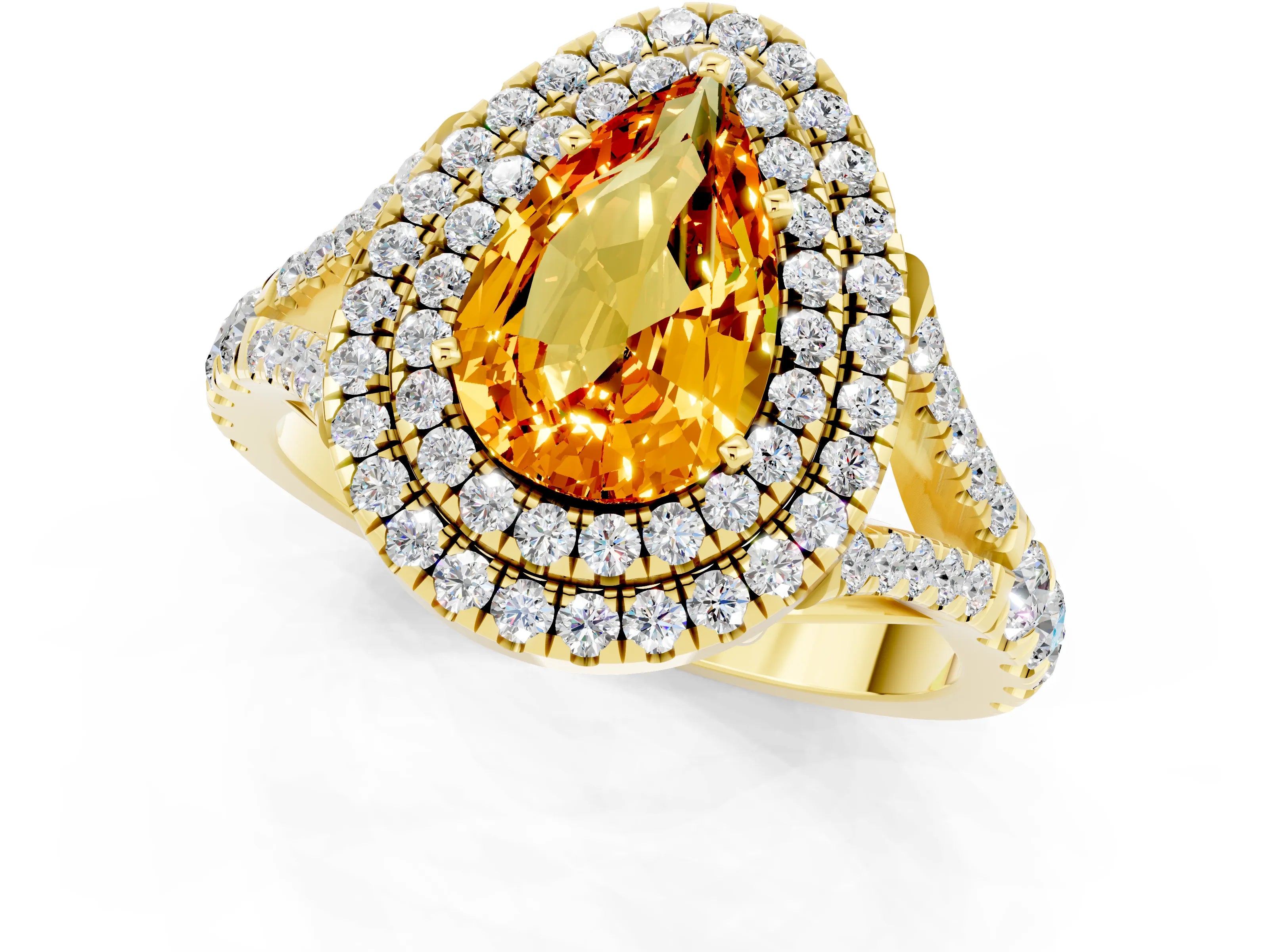 Yellow gold Pear Cut Citrine Pavé Split Shank Double Halo Engagement Ring_1