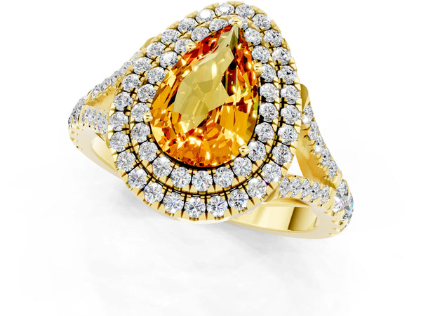 Yellow gold Pear Cut Citrine Pavé Split Shank Double Halo Engagement Ring