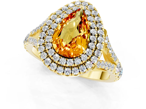 Yellow gold Pear Cut Citrine Pavé Split Shank Double Halo Engagement Ring_1