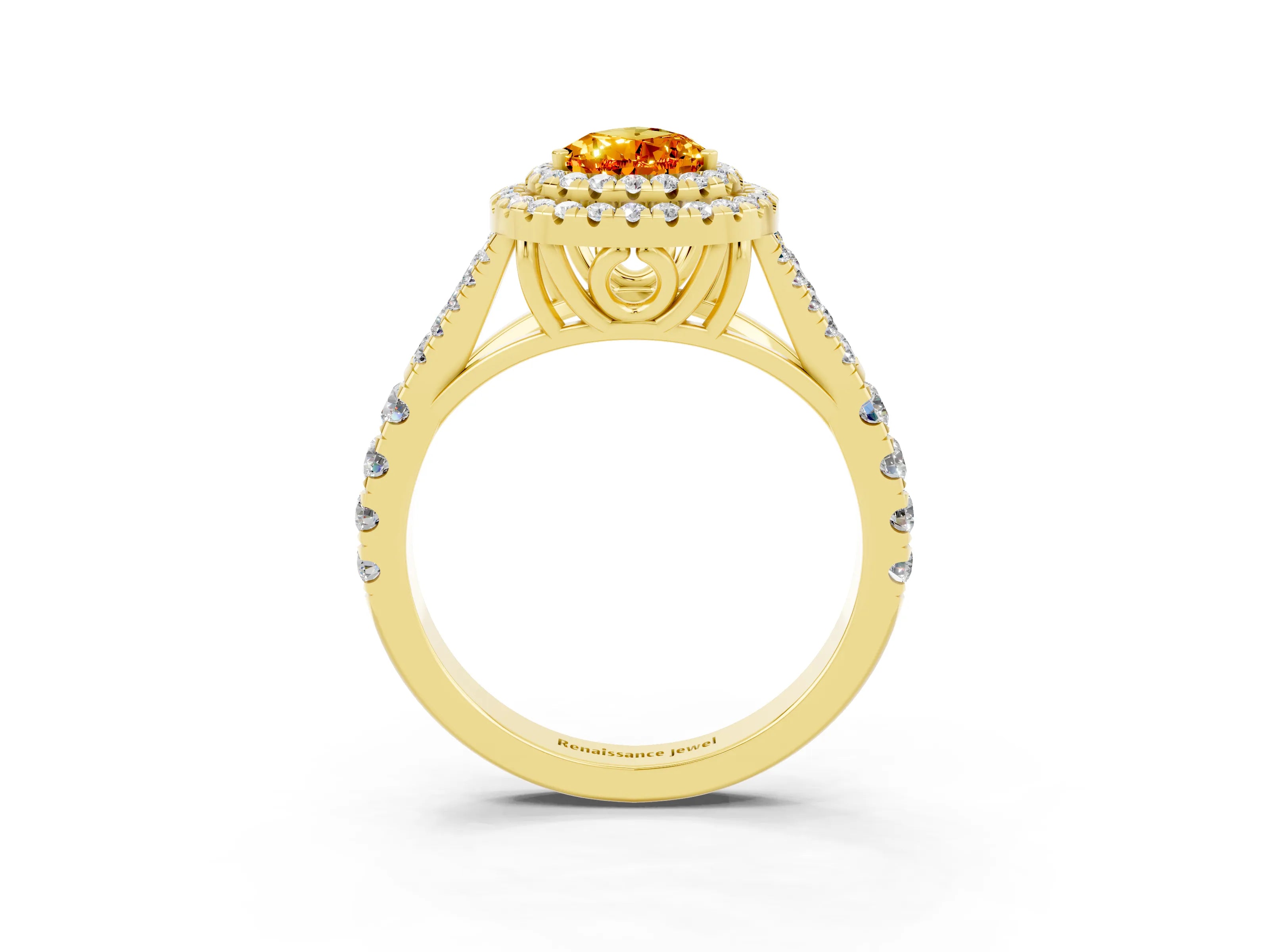 Yellow gold Pear Cut Citrine Pavé Split Shank Double Halo Engagement Ring_3