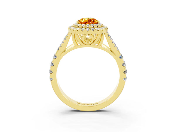 Yellow gold Pear Cut Citrine Pavé Split Shank Double Halo Engagement Ring