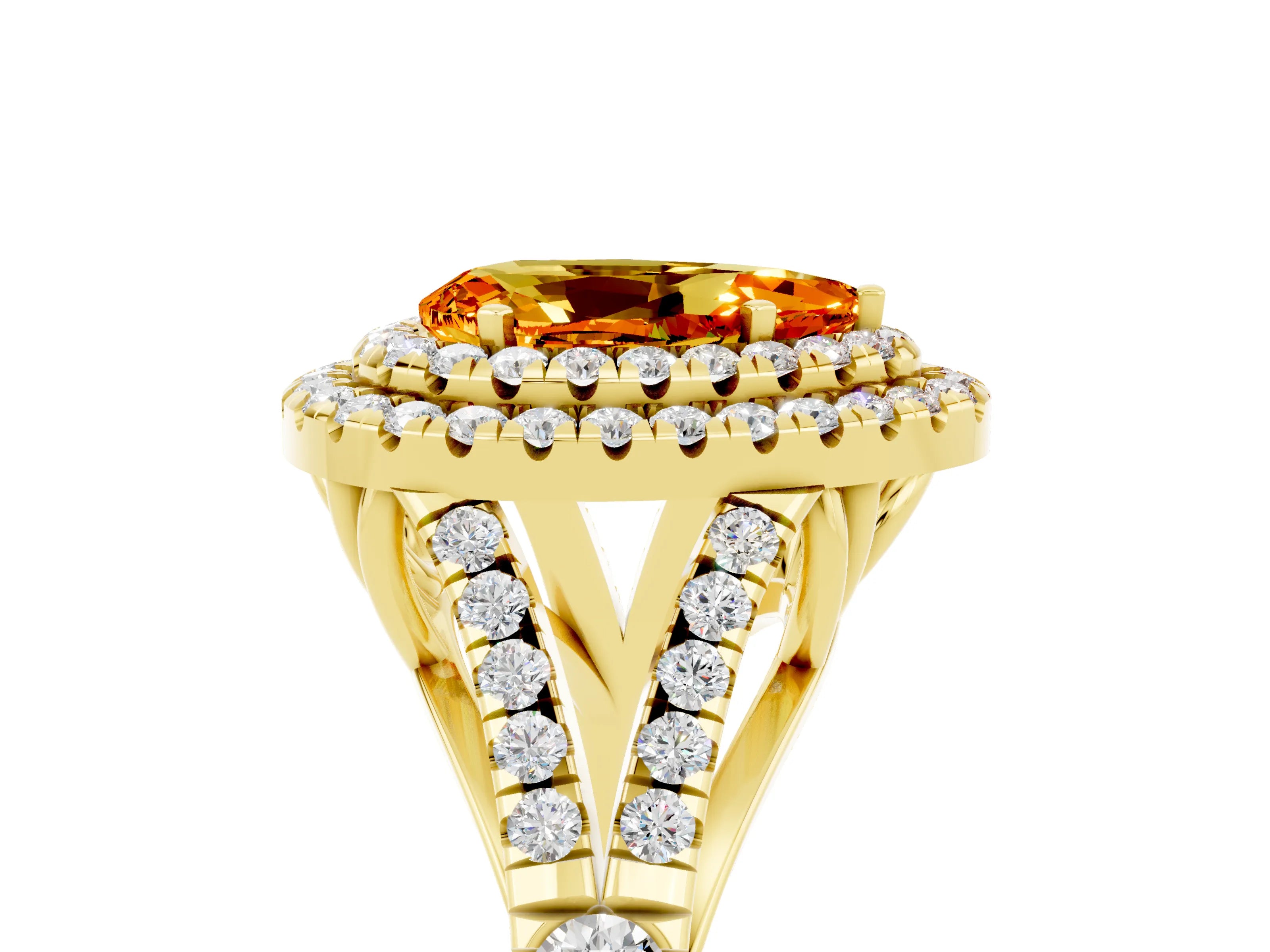Yellow gold Pear Cut Citrine Pavé Split Shank Double Halo Engagement Ring_5