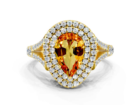 Yellow gold Pear Cut Citrine Pavé Split Shank Double Halo Engagement Ring