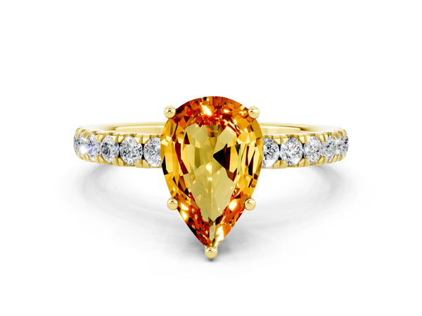 Yellow gold Pear Cut Citrine Pave Band Solitaire Ring with Round  and Prong Setting