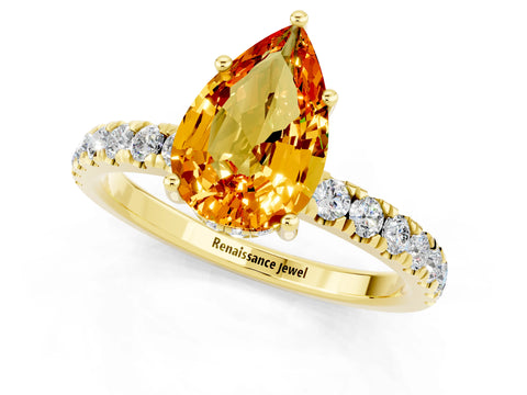 Yellow gold Pear Cut Citrine Pave Band Solitaire Ring with Four-Prong Setting_25
