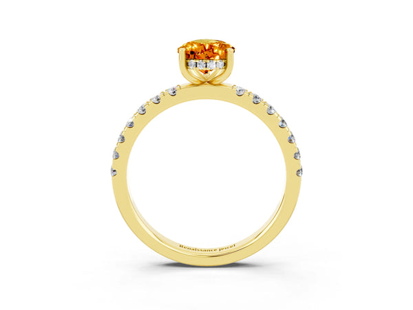 Yellow gold Pear Cut Citrine Pave Band Solitaire Ring with Round  and Prong Setting