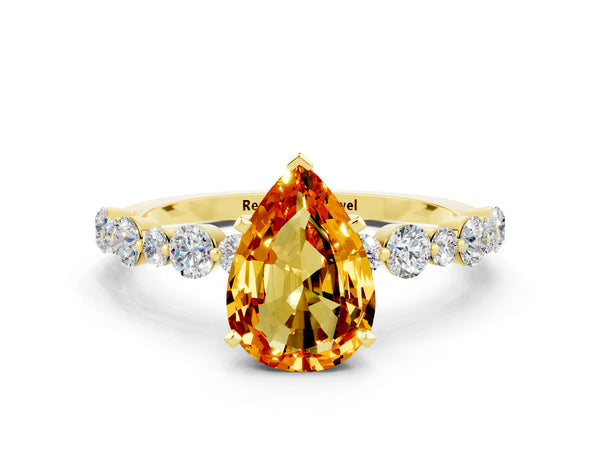 Yellow gold Pear Cut Citrine Prong Set Engagement Ring with Pavé Band