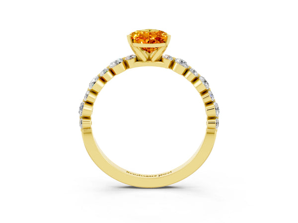 Yellow gold Pear Cut Citrine Prong Set Engagement Ring with Pavé Band