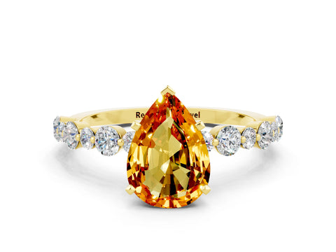 Yellow gold Pear Cut Citrine Prong Set Engagement Ring with Pavé Band