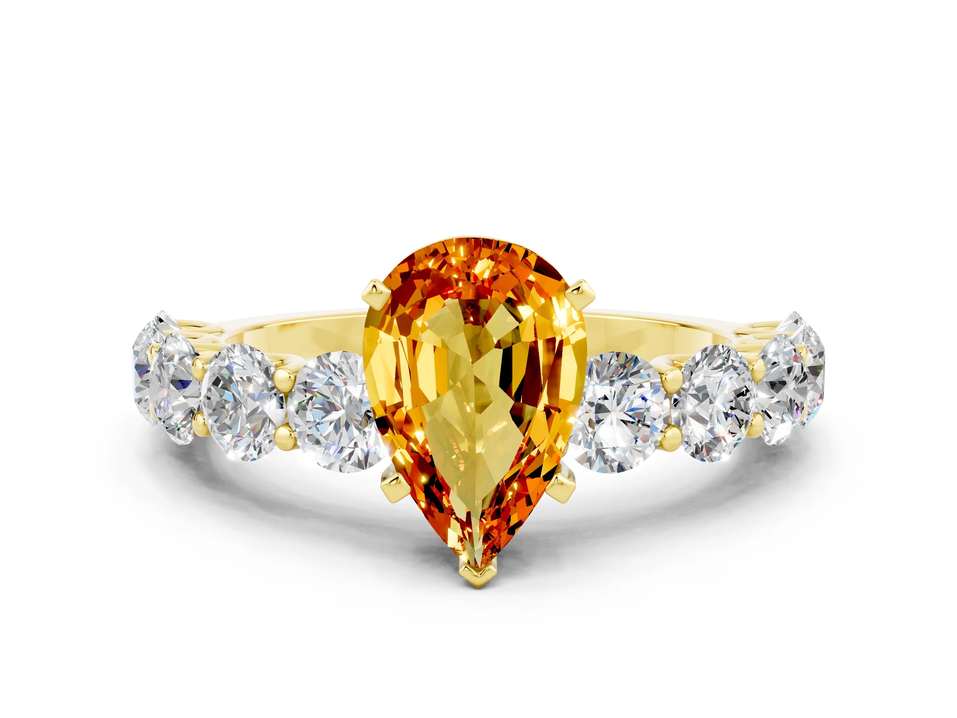 Yellow gold Pear Cut Citrine Prong Setting with Side Stones on a Pave Band