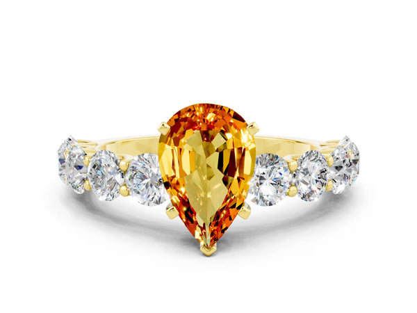 Yellow gold Pear Cut Citrine Prong Setting with Side Stones on a Pave Band