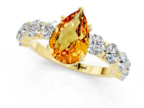 Yellow gold Pear Cut Citrine Prong Setting with Side Stones on a Pave Band_1