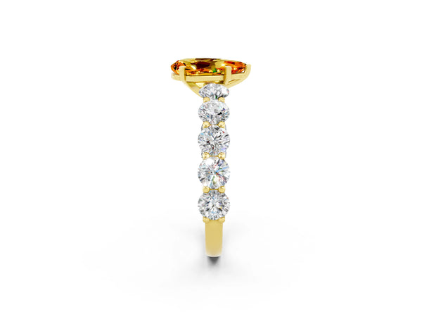 Yellow gold Pear Cut Citrine Prong Setting with Side Stones on a Pave Band