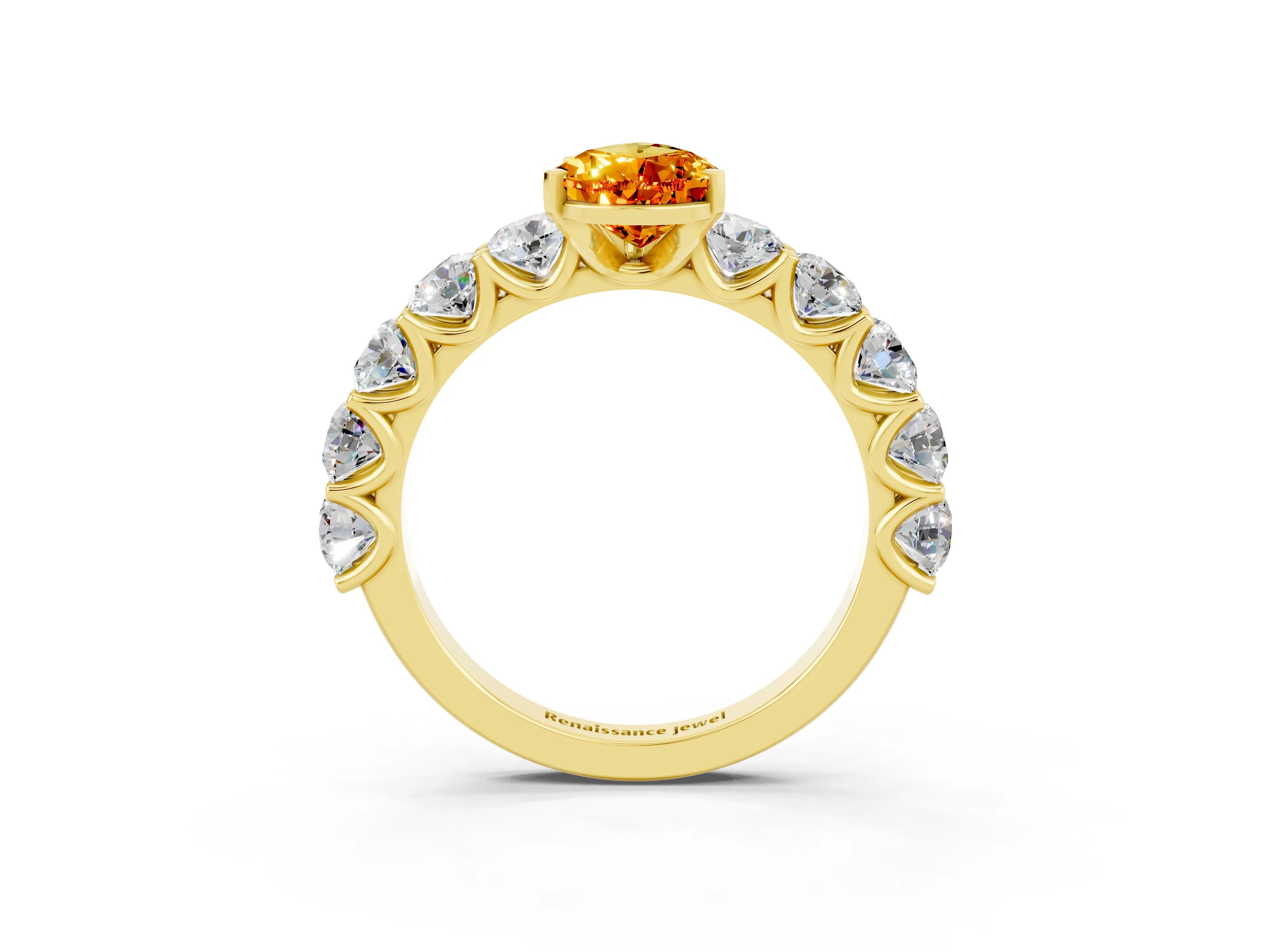 Yellow gold Pear Cut Citrine Prong Setting with Side Stones on a Pave Band_3