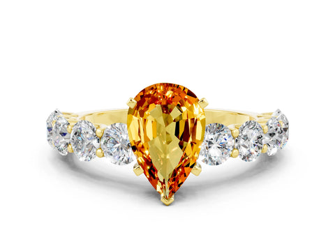 Yellow gold Pear Cut Citrine Prong Setting with Side Stones on a Pave Band
