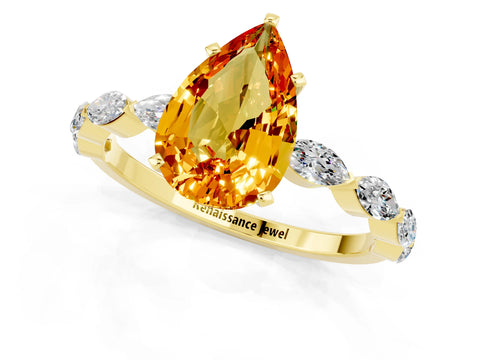 Yellow gold Pear Cut Citrine Ring with Marquise Side Stones and Prong Setting_1