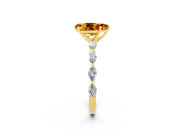 Yellow gold Pear Cut Citrine Ring with Marquise Side Stones and Prong Setting