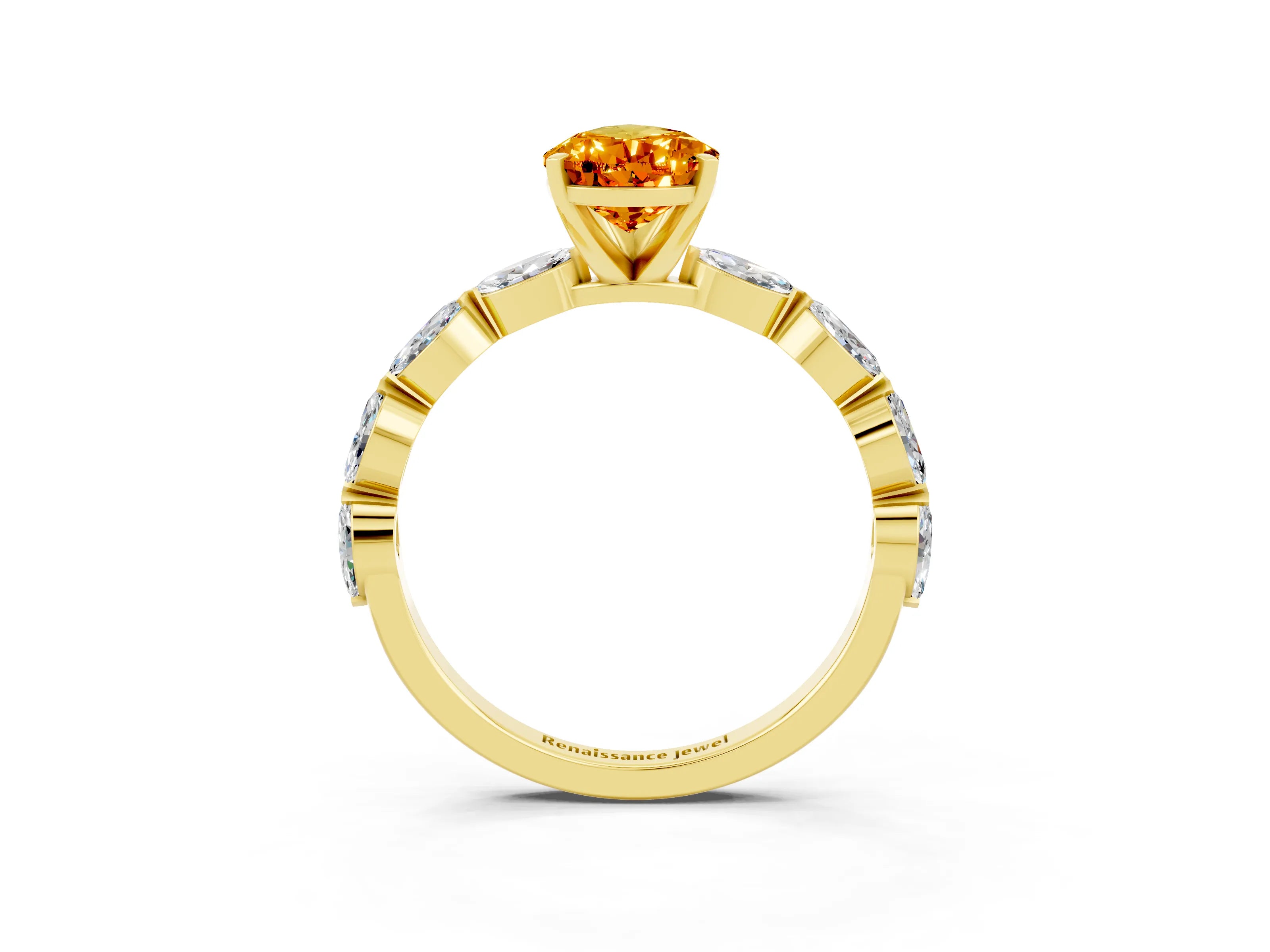 Yellow gold Pear Cut Citrine Ring with Marquise Side Stones and Prong Setting_3