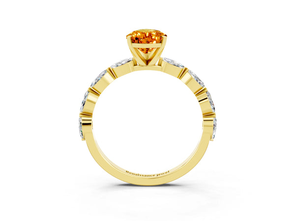 Yellow gold Pear Cut Citrine Ring with Marquise Side Stones and Prong Setting