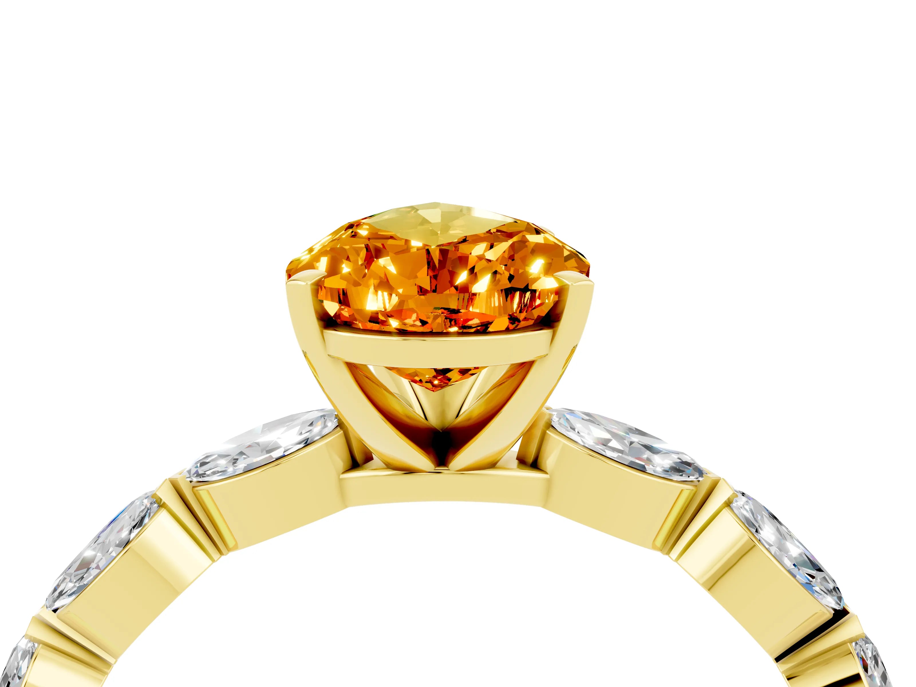 Yellow gold Pear Cut Citrine Ring with Marquise Side Stones and Prong Setting_4