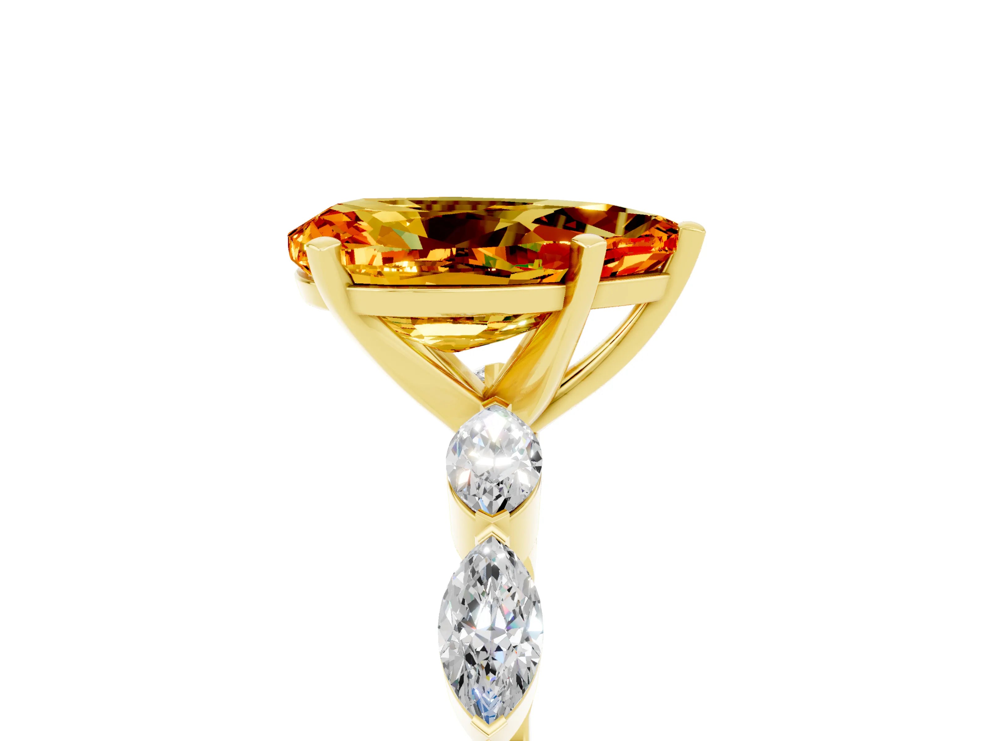 Yellow gold Pear Cut Citrine Ring with Marquise Side Stones and Prong Setting_5