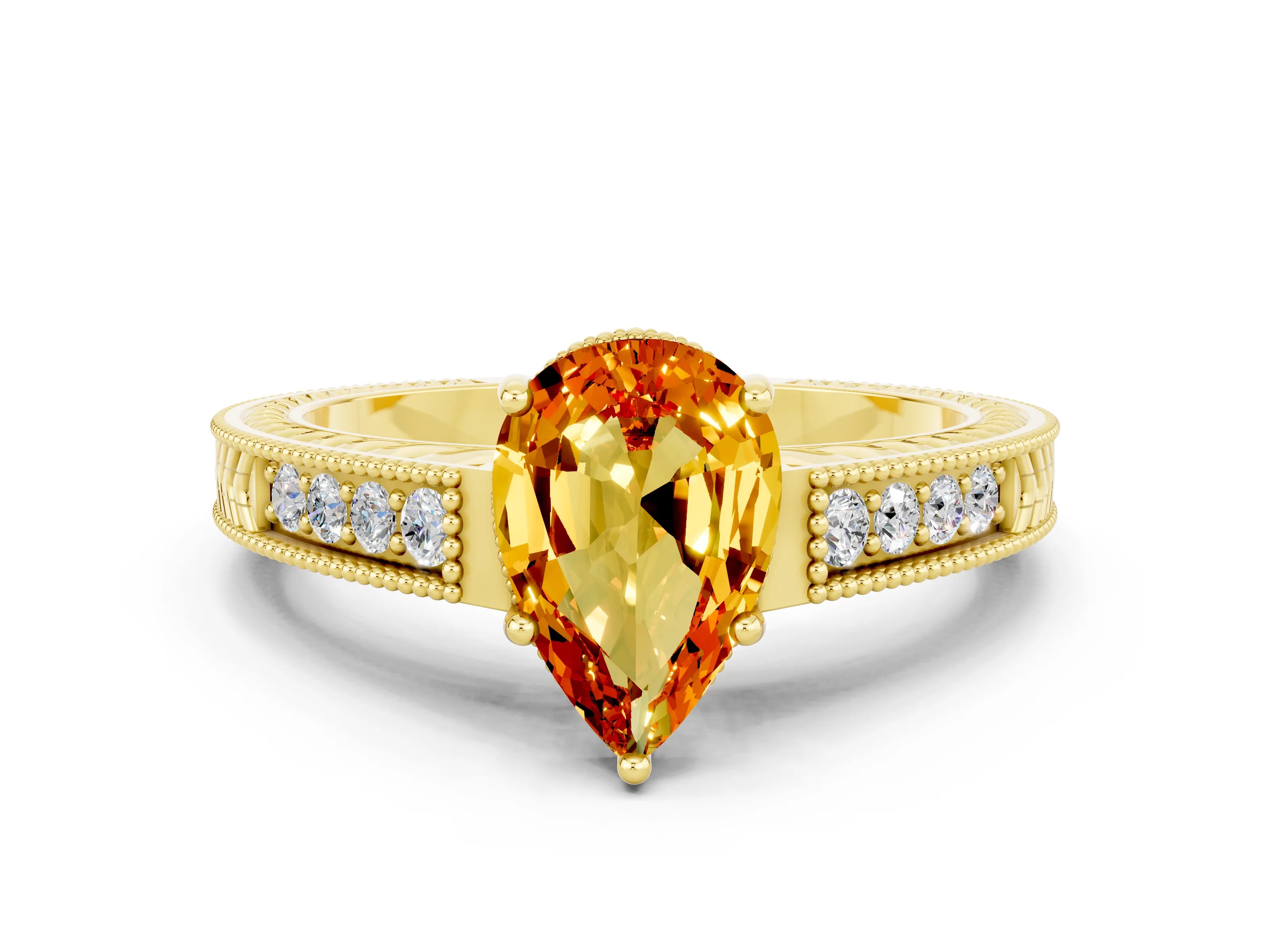 Yellow gold Pear Cut Citrine Ring with Milgrain Pavé Band and Four-Prong Setting_30