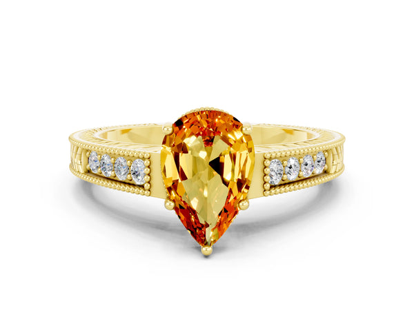 Yellow gold Pear Cut Citrine Ring with Milgrain Pavé Band and Four-Prong Setting
