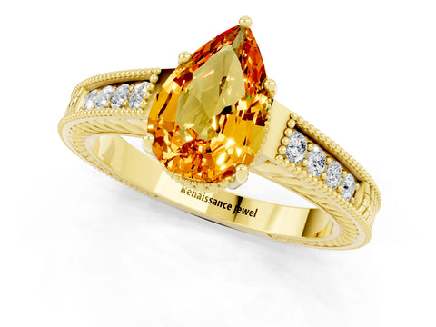 Yellow gold Pear Cut Citrine Ring with Milgrain Pavé Band and Four-Prong Setting_31