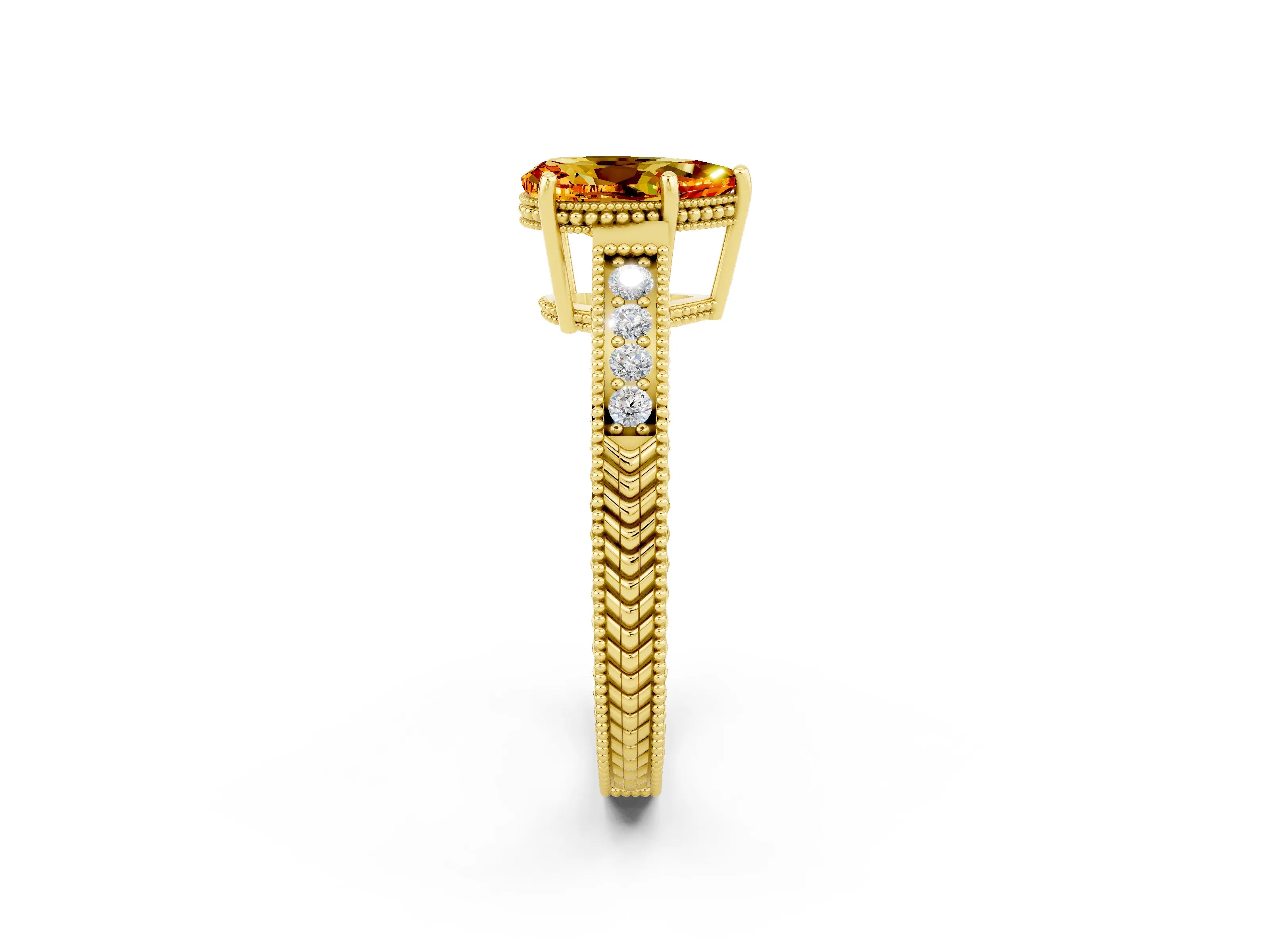 Yellow gold Pear Cut Citrine Ring with Milgrain Pavé Band and Four-Prong Setting_32