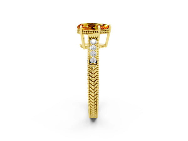 Yellow gold Pear Cut Citrine Ring with Milgrain Pavé Band and Four-Prong Setting