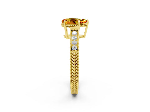 Yellow gold Pear Cut Citrine Ring with Milgrain Pavé Band and Four-Prong Setting_32