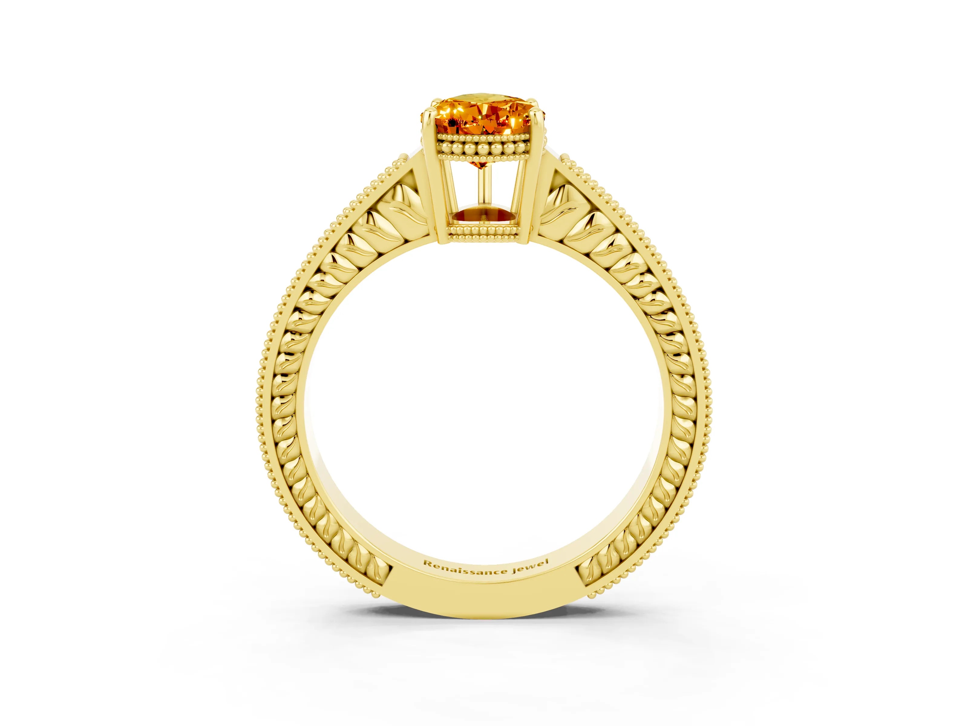 Yellow gold Pear Cut Citrine Ring with Milgrain Pavé Band and Four-Prong Setting_33