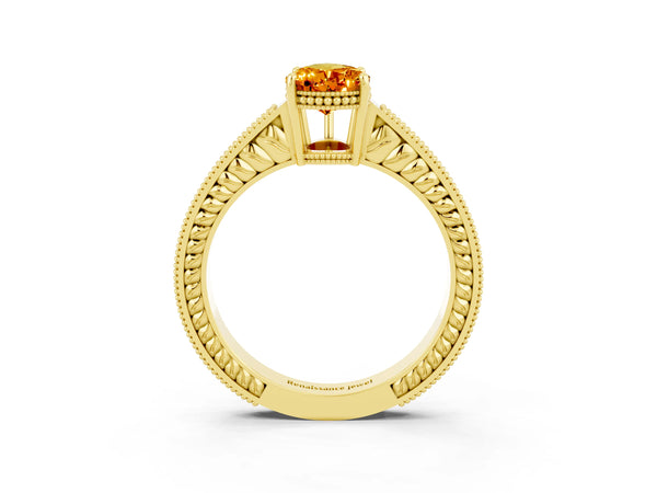 Yellow gold Pear Cut Citrine Ring with Milgrain Pavé Band and Four-Prong Setting